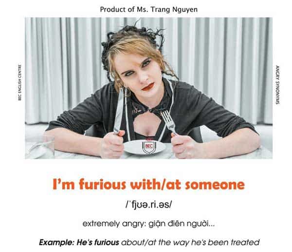 Idioms Diễn Tả Sự Giận Dữ Trong Tiếng Anh 2 He's furious about/at the way he's been treated.